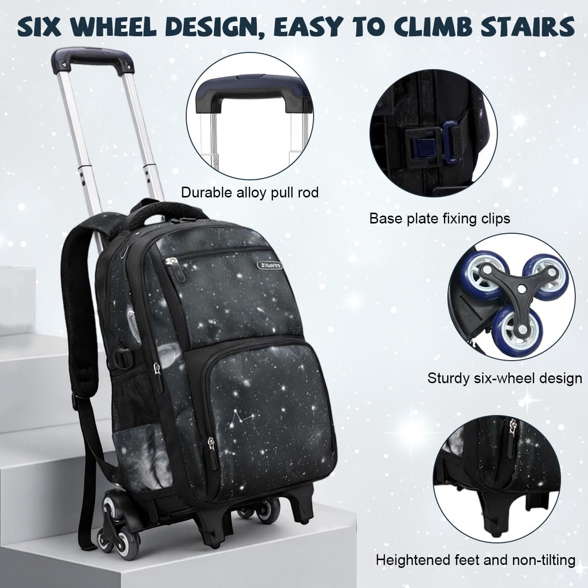 61viy85olol. sl1200 PALAY® Trolley School Bag Black Starry Sky 6-Wheel Backpack with Detachable Trolley Outdoor Large Capacity Nylon Trolly Backpack Multi-Compartments Waterproof School Bag with Wheels