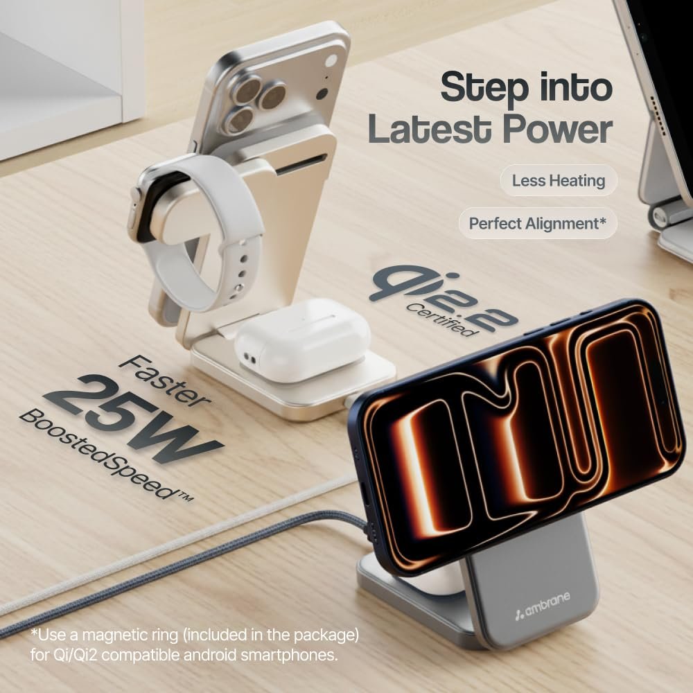 61pk7d9pfbl. sl1000 Ambrane Qi2 Magsafe Wireless 3-in-1 Charger for iPhone, Airpods&Apple Watch, Qi2 Certified Fast Charging, Premium&Foldable Design, for iPhone 16/15/14/13/12 Series (AerosynQ Trio 3, Titanium)