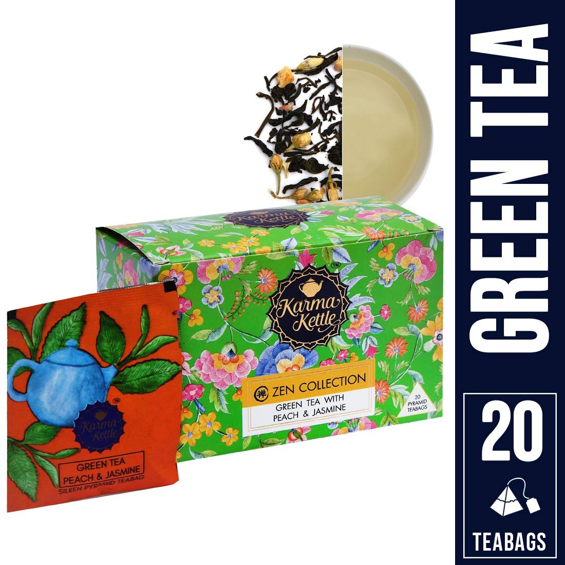 711dbslo20l. sl1100 Karma Kettle Zen Collection Green with Peach and Jasmine, 20 Pyramid Tea Bags – Natural Detox | Aromatherapy |Healthy Skin | Metabolism Booster