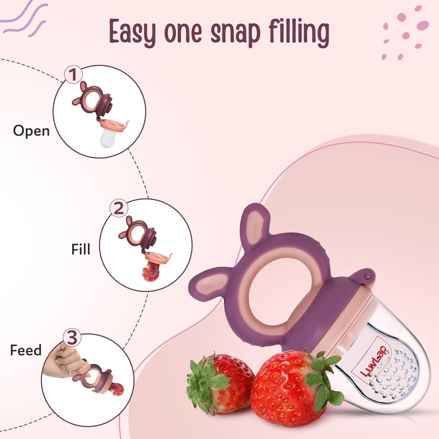 711wcwhgpll. sl1500 LuvLap Silicone Food/Fruit Nibbler with Extra Mesh, Soft Pacifier/Feeder, Teether for Baby, Infant, Bunny Violet & Pink