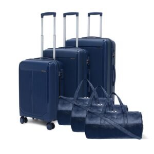 Megatron 6-Piece Family Set – 3 Duffle Bags + 3 Trolley Suitcases, Unbreakable Polypropylene Luggage, 8 Spinner Wheels, Built-in Number Lock, 3-Year Warranty (Set of 6 with Duffels, Navy)