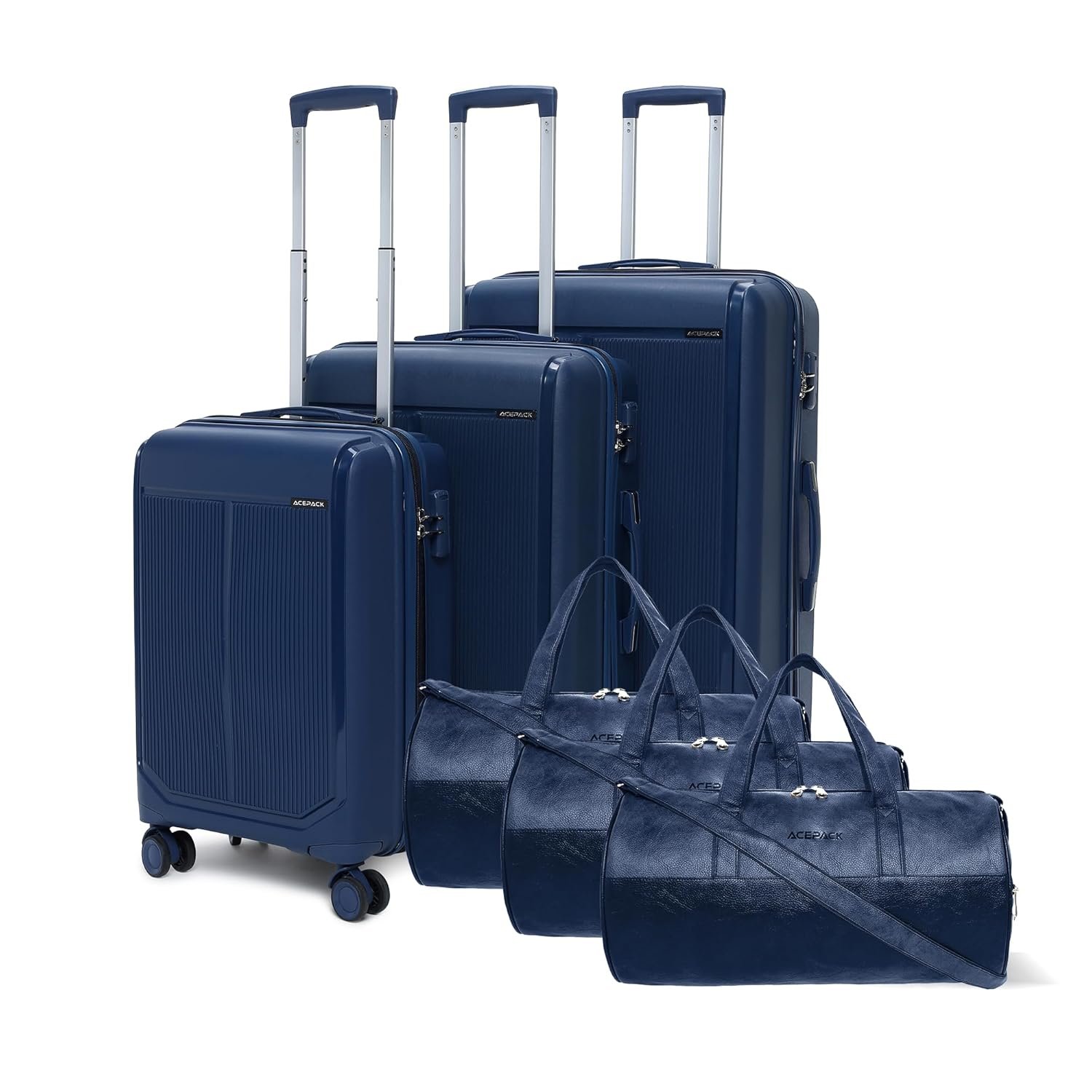 Megatron 6-Piece Family Set – 3 Duffle Bags + 3 Trolley Suitcases, Unbreakable Polypropylene Luggage, 8 Spinner Wheels, Built-in Number Lock, 3-Year Warranty (Set of 6 with Duffels, Navy) Megatron 6-Piece Family Set – 3 Duffle Bags + 3 Trolley Suitcases, Unbreakable Polypropylene Luggage, 8 Spinner Wheels, Built-in Number Lock, 3-Year Warranty (Set of 6 with Duffels, Navy)