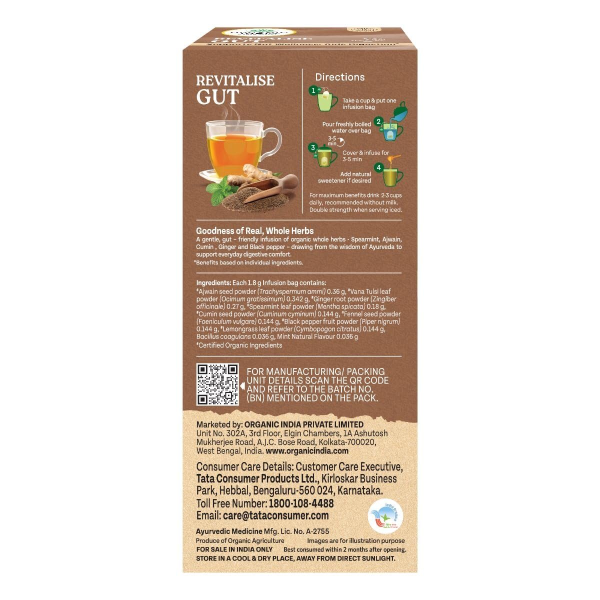 71a3s1m620l. sl1200 Organic India Revitalise Gut Herbal Infusion, Pack of 25 Infusion Bags, Supports Gut Wellness, Aids Digestion, With 1 Billion Probiotic CFU Bacillus Coagulans per 3 Serves, Whole Herb Blend, Certified Organic, Caffeine Free