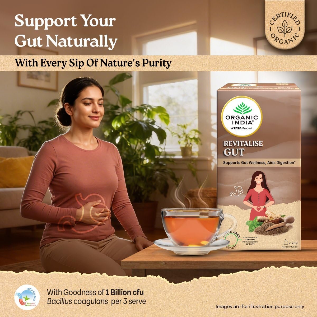 71go5lrxvml. sl1200 Organic India Revitalise Gut Herbal Infusion, Pack of 25 Infusion Bags, Supports Gut Wellness, Aids Digestion, With 1 Billion Probiotic CFU Bacillus Coagulans per 3 Serves, Whole Herb Blend, Certified Organic, Caffeine Free
