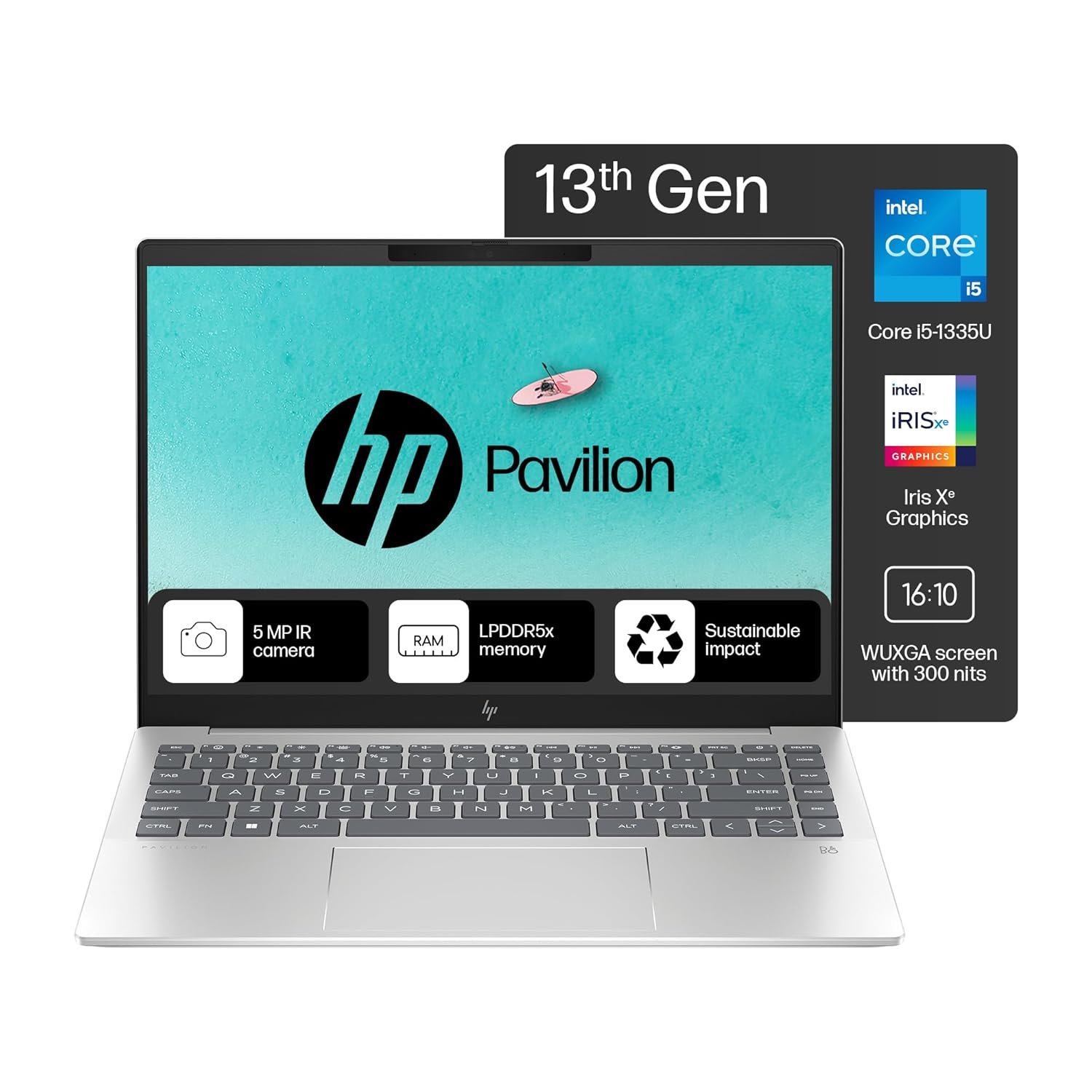 HP Pavilion Plus, 13th Gen Intel Core i5-1335U Laptop (16GB DDR5, 512GB SSD) IPS WUXGA Anti-Glare, 14"/35.6cm, Win 11, MS Office, Silver, 1.44kg, Intel Iris Xe Graphics, 5MP IR Camera, ew0116TU/0107tu HP Pavilion Plus, 13th Gen Intel Core i5-1335U Laptop (16GB DDR5, 512GB SSD) IPS WUXGA Anti-Glare, 14"/35.6cm, Win 11, MS Office, Silver, 1.44kg, Intel Iris Xe Graphics, 5MP IR Camera, ew0116TU/0107tu