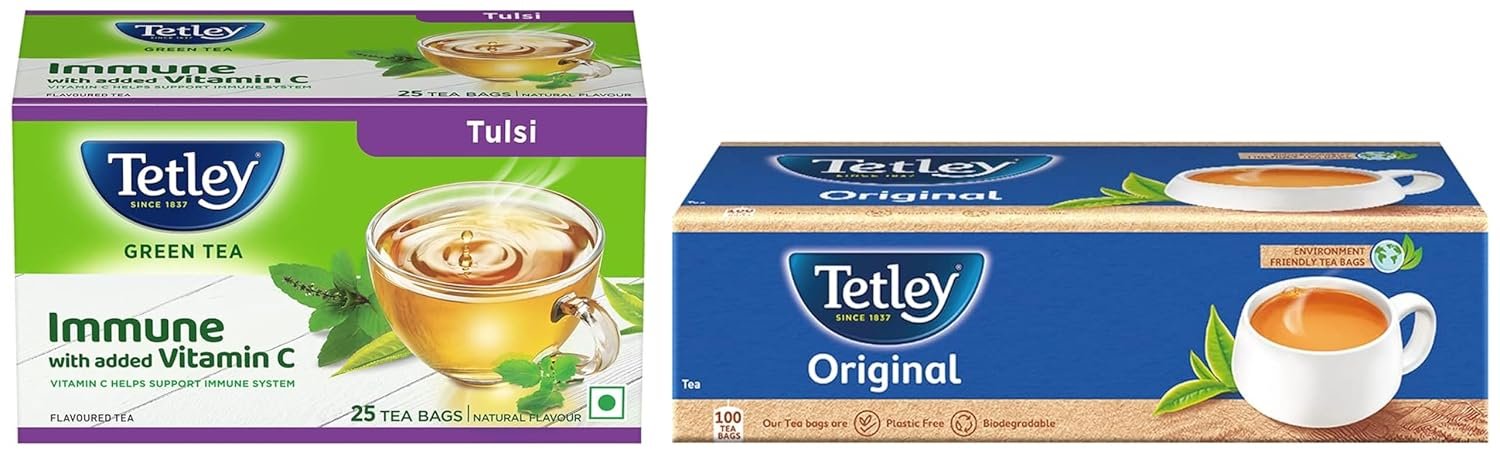 Tetley | Original | Rich Taste of Assam Tea |100 Tea Bags | 1.7g Each & Tetley Green Tea Immune Tulsi | With Added Vitamin C | Natural Flavour | 25 Tea Bags Tetley | Original | Rich Taste of Assam Tea |100 Tea Bags | 1.7g Each & Tetley Green Tea Immune Tulsi | With Added Vitamin C | Natural Flavour | 25 Tea Bags
