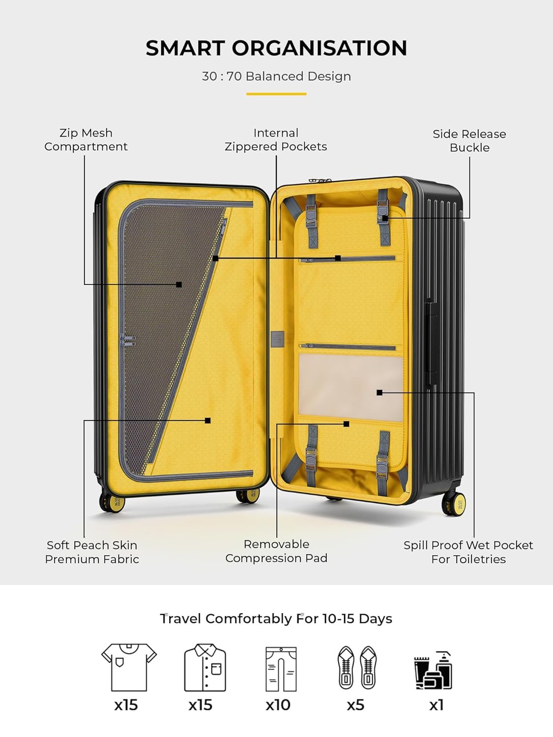 71piglya2ml. sl1500 EUME Trunk Check in Trolley Bags for Travel Medium Size | 66cm to 74cm Expandable Trolley Bag | Polycarbonate 8 Silentrun Spinner Wheels Suitcase | Premium Trolley Bags for Travel (Charcoal Black)