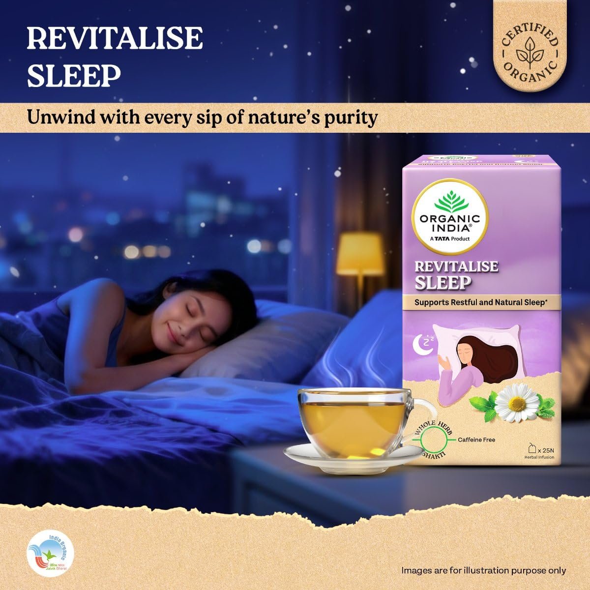 71sejn8rihl. sl1200 Organic India Revitalise Sleep Herbal Infusion, Pack of 25 Infusion Bags, Supports Restful & Natural Sleep, Calming Herbal Blend with Chamomile & Tagara, Whole Herb Formulation, Certified Organic, Caffeine Free