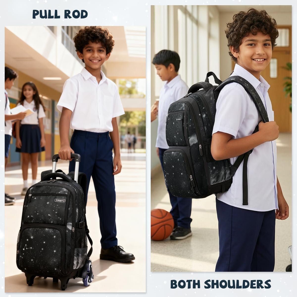 71t4qfrovel. sl1200 PALAY® Trolley School Bag Black Starry Sky 6-Wheel Backpack with Detachable Trolley Outdoor Large Capacity Nylon Trolly Backpack Multi-Compartments Waterproof School Bag with Wheels