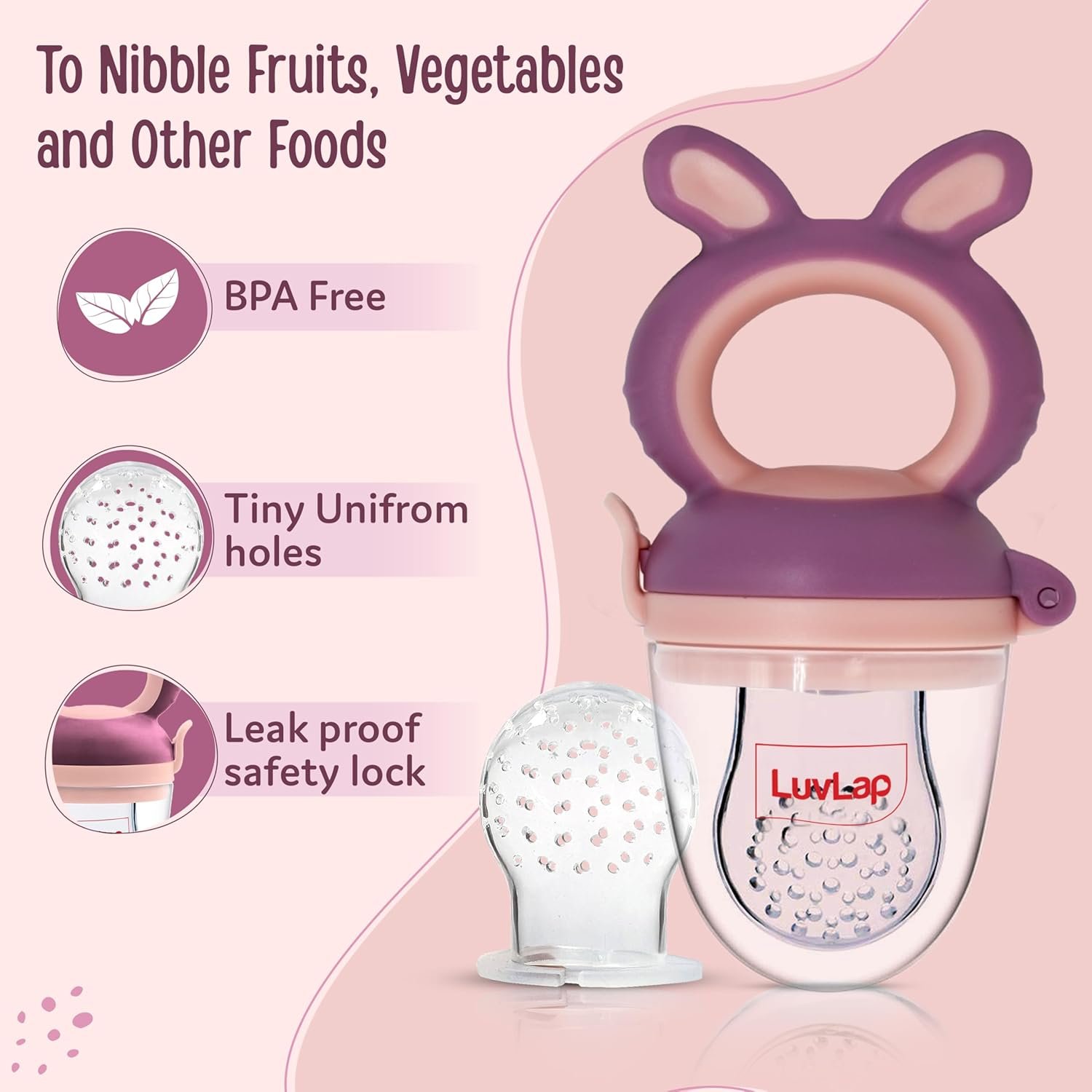 71y8q1edl. sl1500 LuvLap Silicone Food/Fruit Nibbler with Extra Mesh, Soft Pacifier/Feeder, Teether for Baby, Infant, Bunny Violet & Pink