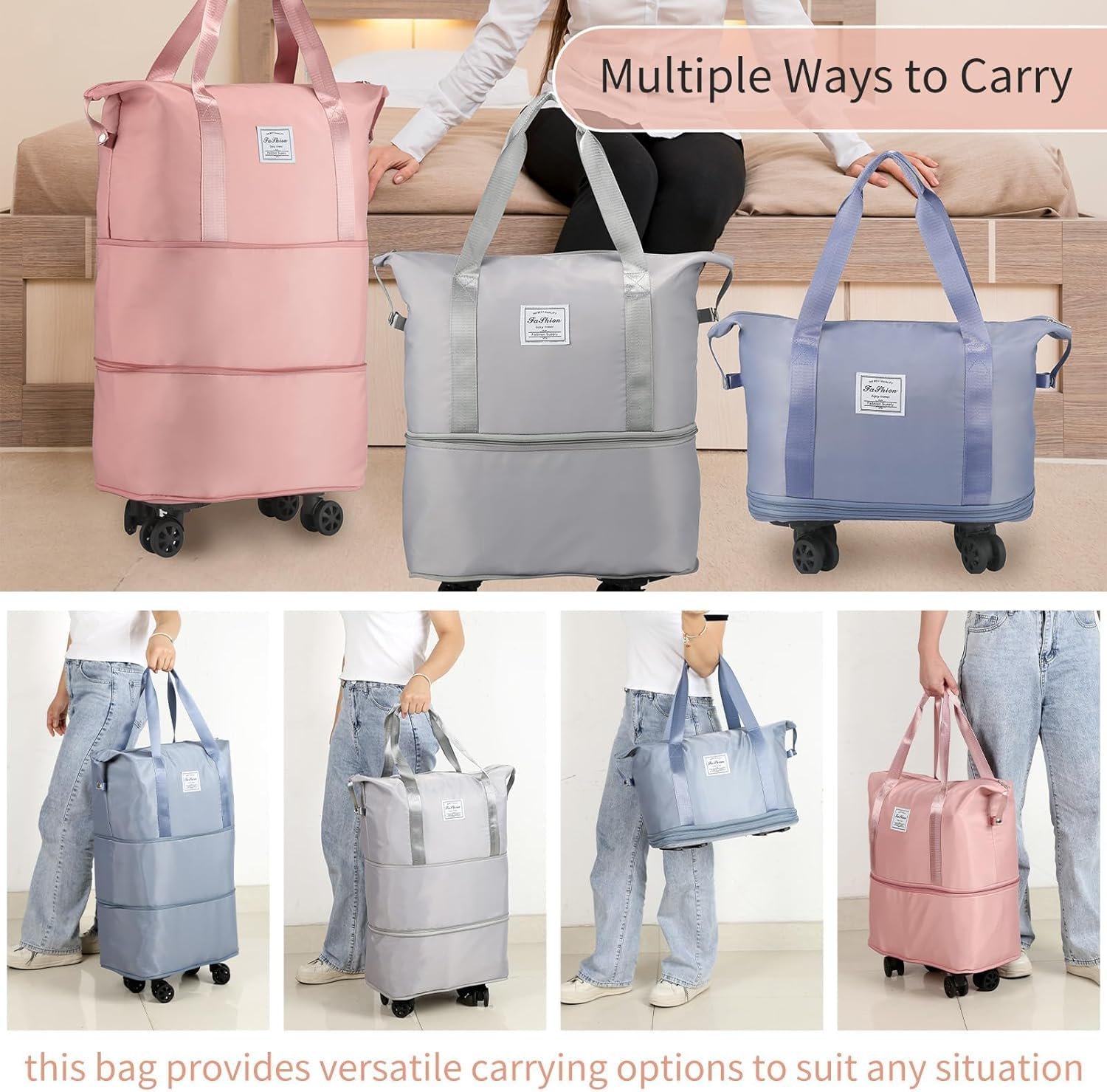 71cmwkusirl. sl1500 Foldable Travel Duffel Bag with Wheels | Lightweight Trolley Hand Luggage Bag with Large Capacity & Shoulder Straps | Portable Weekend & Shopping Bag (Multicolour)