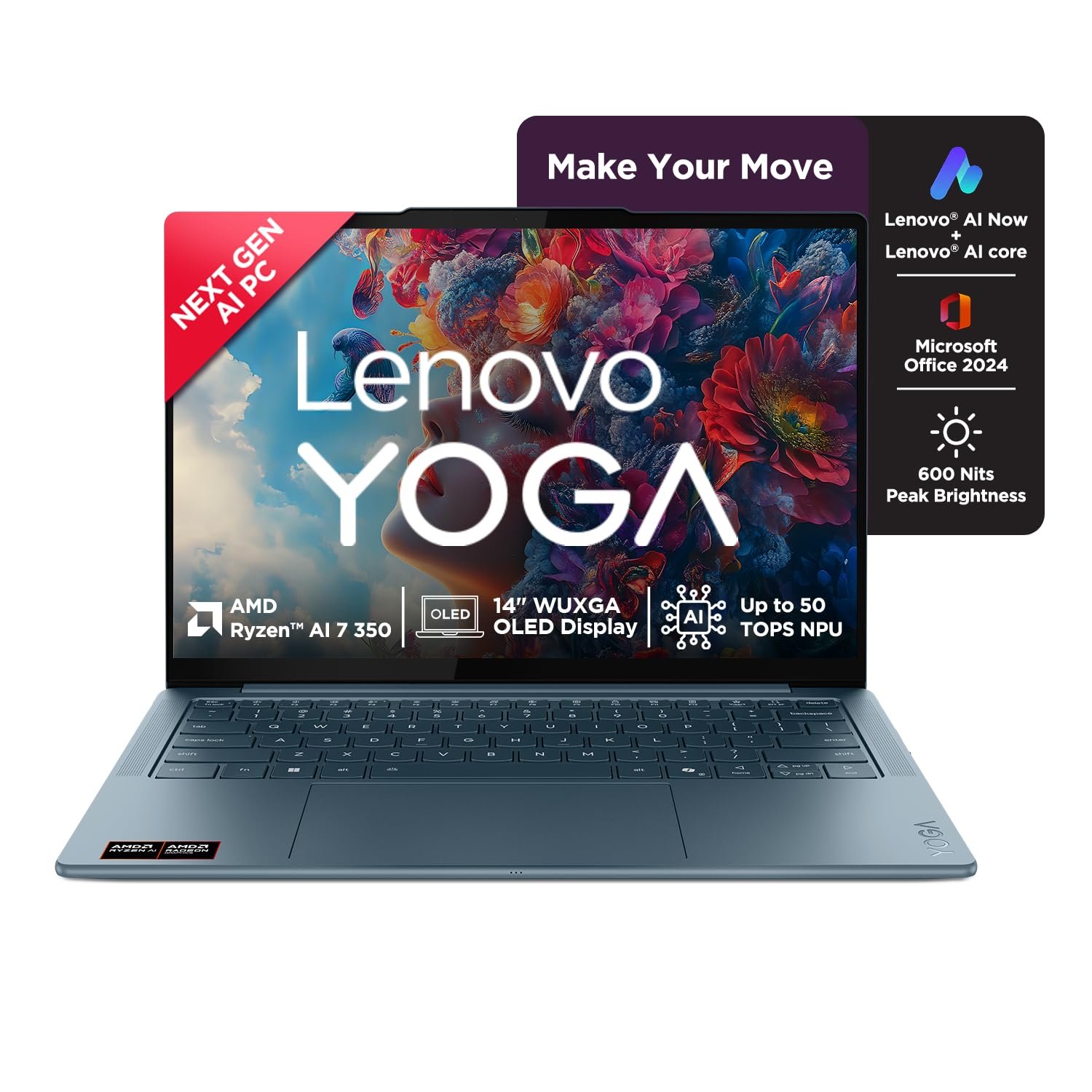 Lenovo Yoga Slim 7 AMD Ryzen AINow 7 350, 83JY005YIN AI Laptop, Copilot+ 32GB RAM/1TB SSD/14"(35.5cm)WUXGA OLED/50 TOPS/Windows 11, Office Home 2024, Backlit Keyboard, 1Yr ADP Free, Teal, 1.19Kg Lenovo Yoga Slim 7 AMD Ryzen AINow 7 350, 83JY005YIN AI Laptop, Copilot+ 32GB RAM/1TB SSD/14"(35.5cm)WUXGA OLED/50 TOPS/Windows 11, Office Home 2024, Backlit Keyboard, 1Yr ADP Free, Teal, 1.19Kg