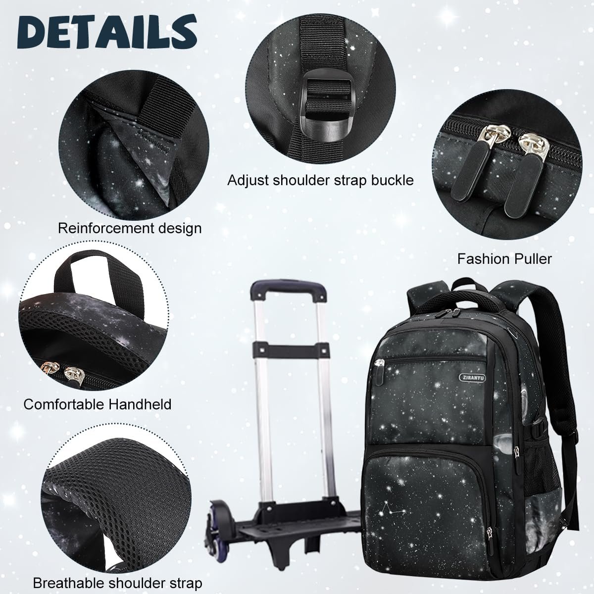 71knxcqcorl. sl1200 PALAY® Trolley School Bag Black Starry Sky 6-Wheel Backpack with Detachable Trolley Outdoor Large Capacity Nylon Trolly Backpack Multi-Compartments Waterproof School Bag with Wheels