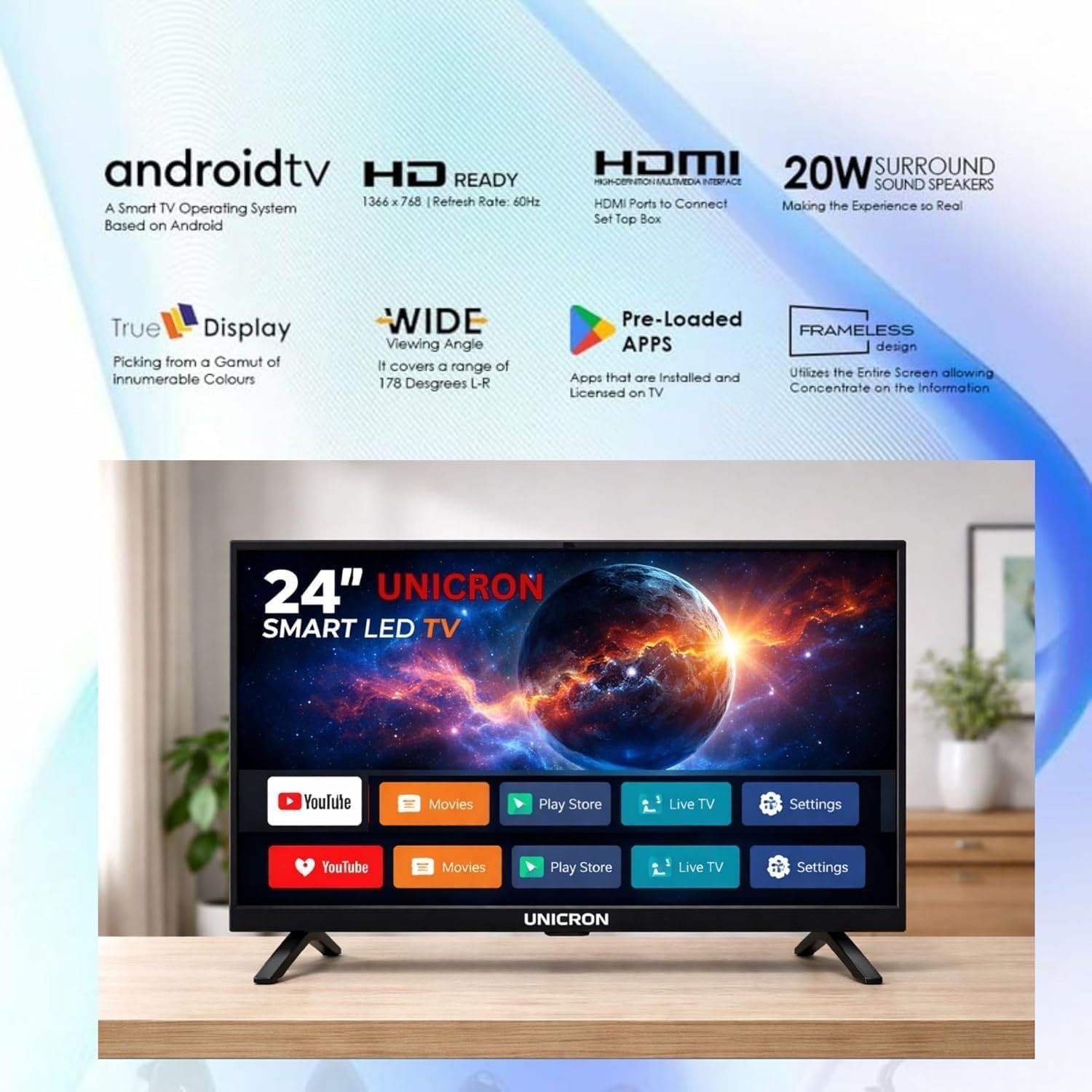 71lv3bwbuml. sl1500 UNICRON 24INCH HD Ready Android Smart LED TV | WiFi Enabled | Built-in Apps Compatible (YouTube, Netflix, Prime Video) | Screen Mirroring | HDMI, USB Connectivity | Premium Slim & Stylish