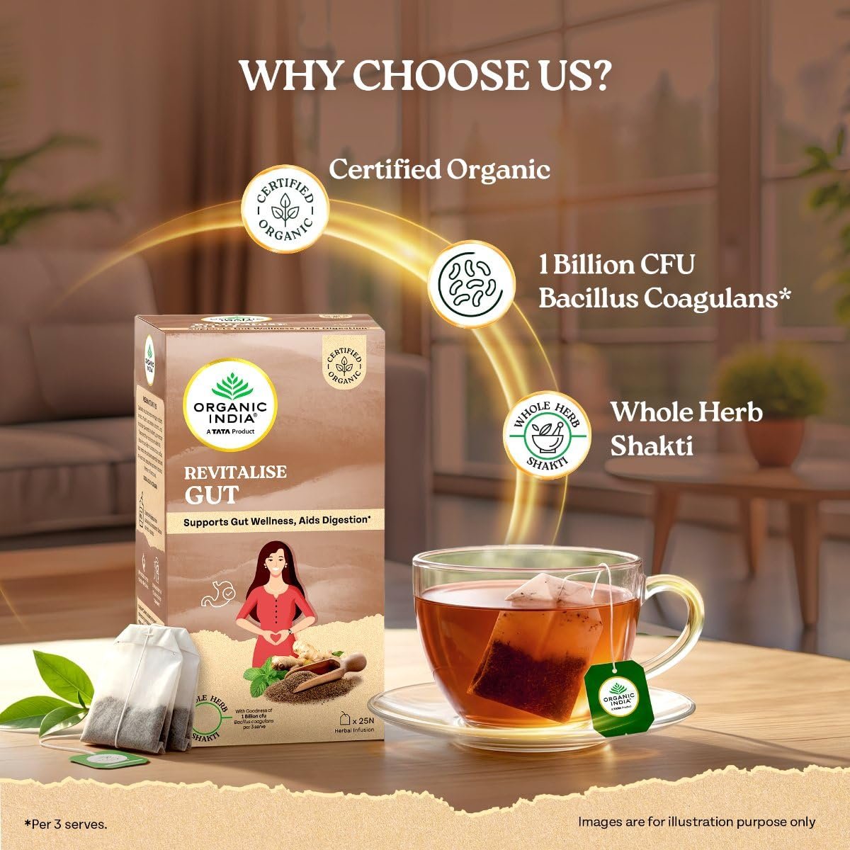 71odnnswgnl. sl1200 Organic India Revitalise Gut Herbal Infusion, Pack of 25 Infusion Bags, Supports Gut Wellness, Aids Digestion, With 1 Billion Probiotic CFU Bacillus Coagulans per 3 Serves, Whole Herb Blend, Certified Organic, Caffeine Free