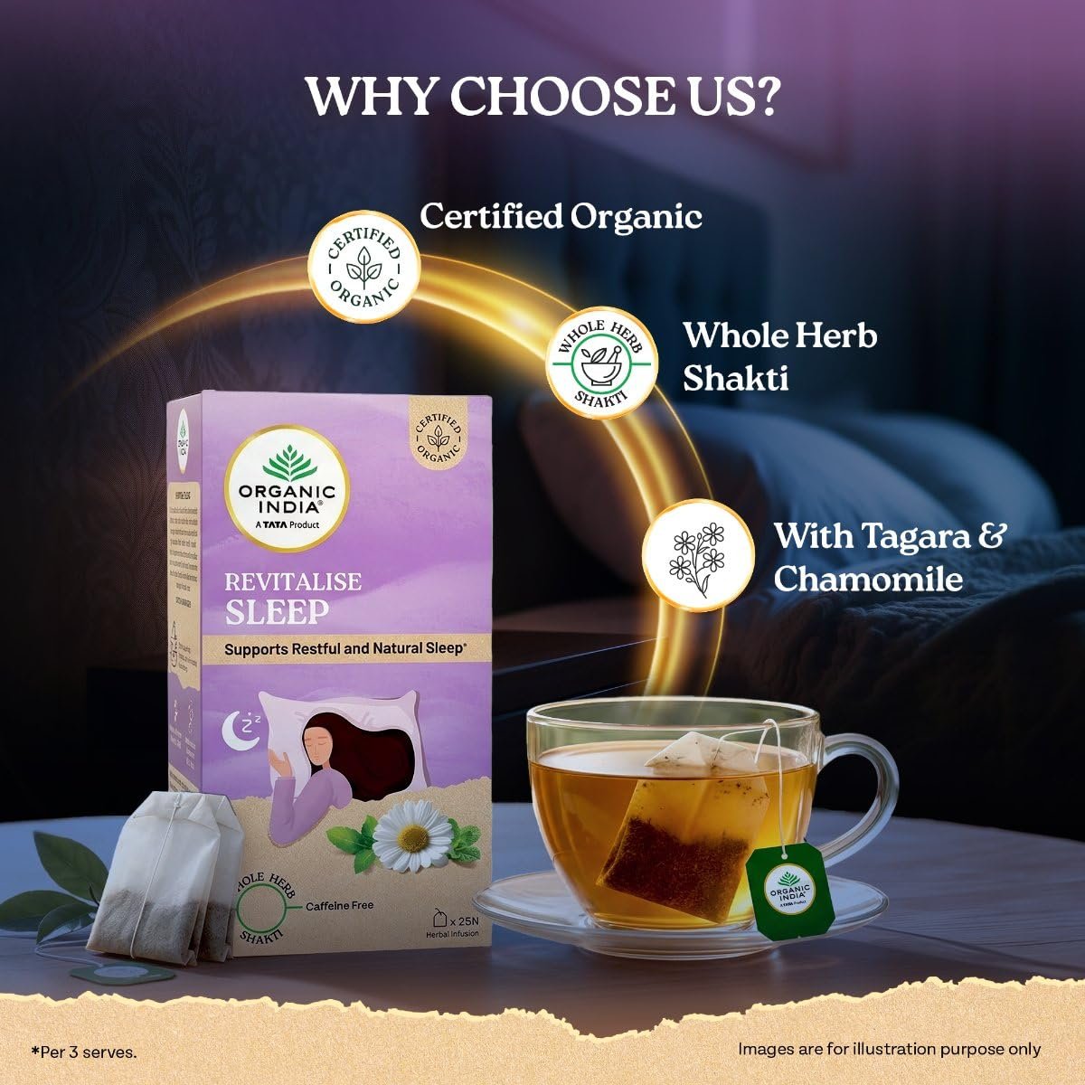71roiclr9vl. sl1200 Organic India Revitalise Sleep Herbal Infusion, Pack of 25 Infusion Bags, Supports Restful & Natural Sleep, Calming Herbal Blend with Chamomile & Tagara, Whole Herb Formulation, Certified Organic, Caffeine Free