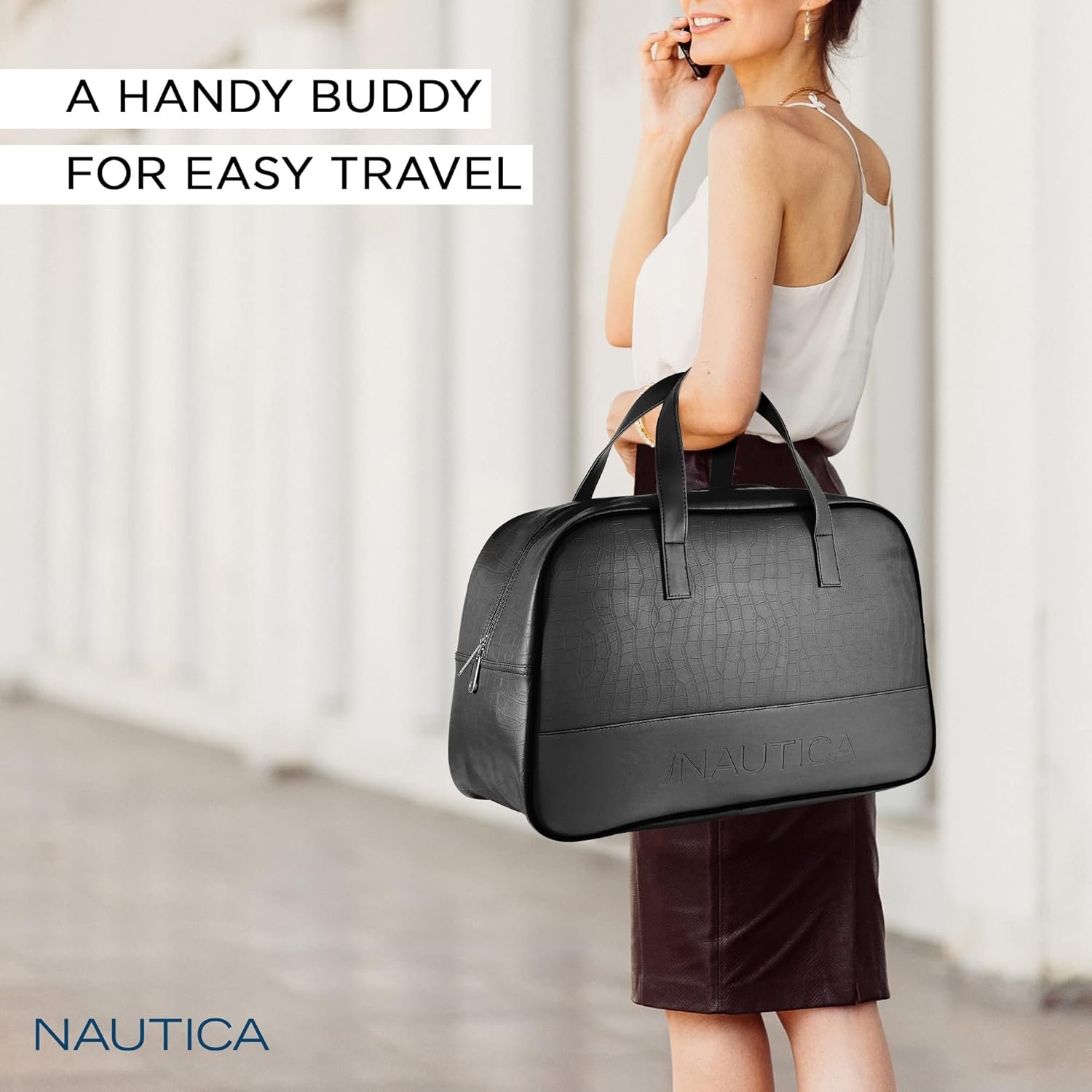 71swzkjjq9l. sl1500 Nautica Unisex 25L PU Duffle Bag for Travel | Stylish Leatherette Cabin Luggage with Smooth Zippers | Compact, Comfortable & Spacious for Weekend Trips, Gym & Everyday Use | Black