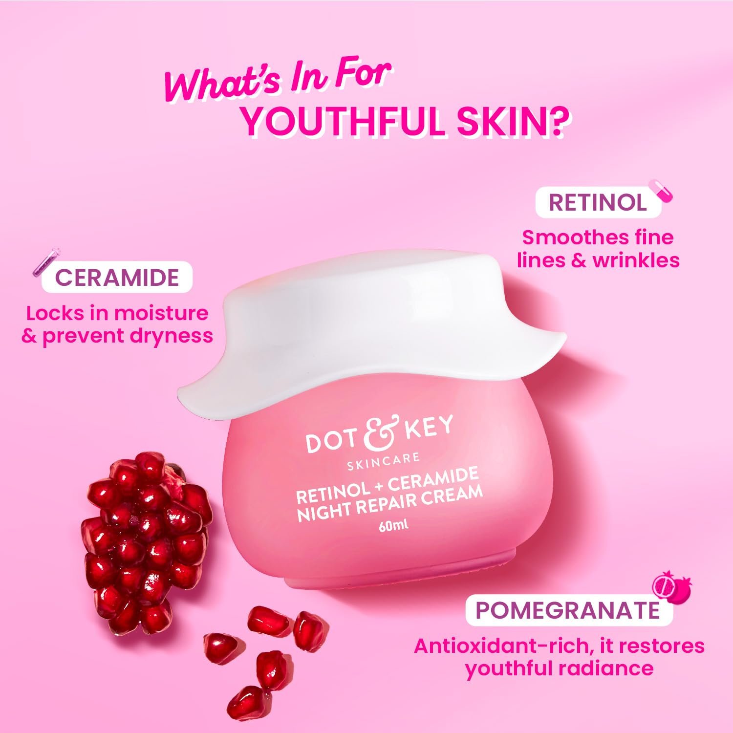 71zwpsr4dll. sl1500 Dot & Key Night Reset Retinol + Ceramide Night Cream | Anti Aging Cream For Women & Men | Reduces Fine Lines & Wrinkles | Oil Free & Non Sticky Moisturizer | For Glowing Youthful Skin | For All Skin Types | 60ml
