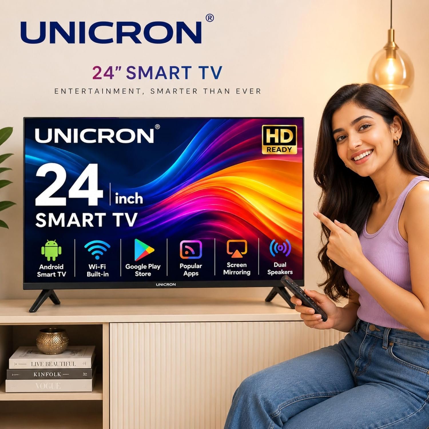 817vlwlnjvl. sl1500 UNICRON 24INCH HD Ready Android Smart LED TV | WiFi Enabled | Built-in Apps Compatible (YouTube, Netflix, Prime Video) | Screen Mirroring | HDMI, USB Connectivity | Premium Slim & Stylish