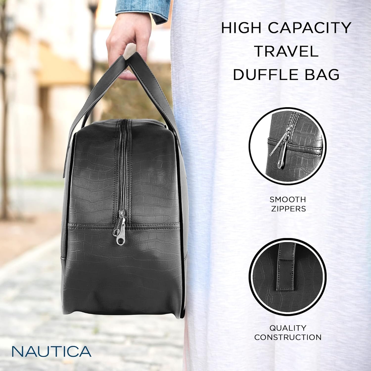 81n2oweoeil. sl1500 Nautica Unisex 25L PU Duffle Bag for Travel | Stylish Leatherette Cabin Luggage with Smooth Zippers | Compact, Comfortable & Spacious for Weekend Trips, Gym & Everyday Use | Black