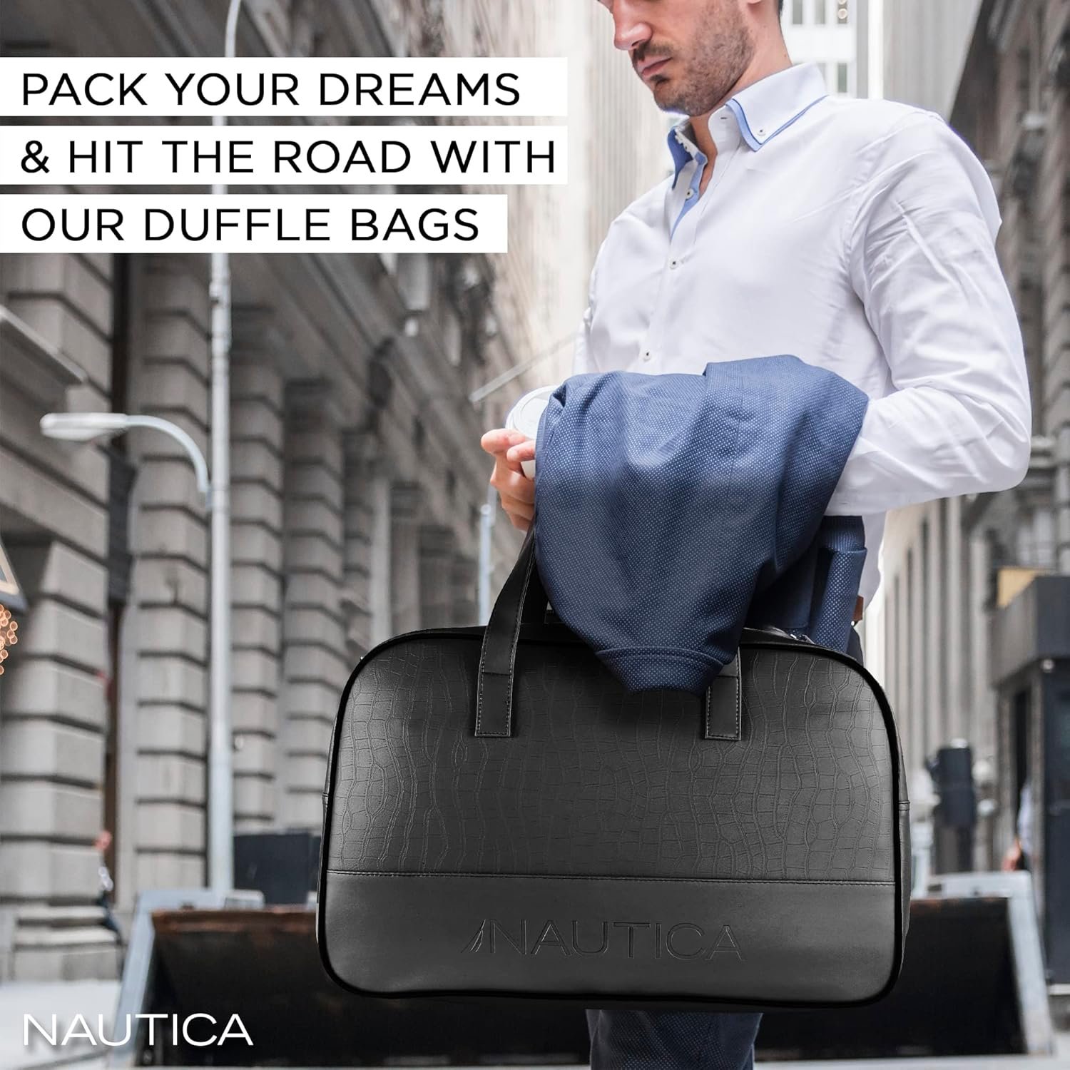 81y0wa0kexl. sl1500 Nautica Unisex 25L PU Duffle Bag for Travel | Stylish Leatherette Cabin Luggage with Smooth Zippers | Compact, Comfortable & Spacious for Weekend Trips, Gym & Everyday Use | Black