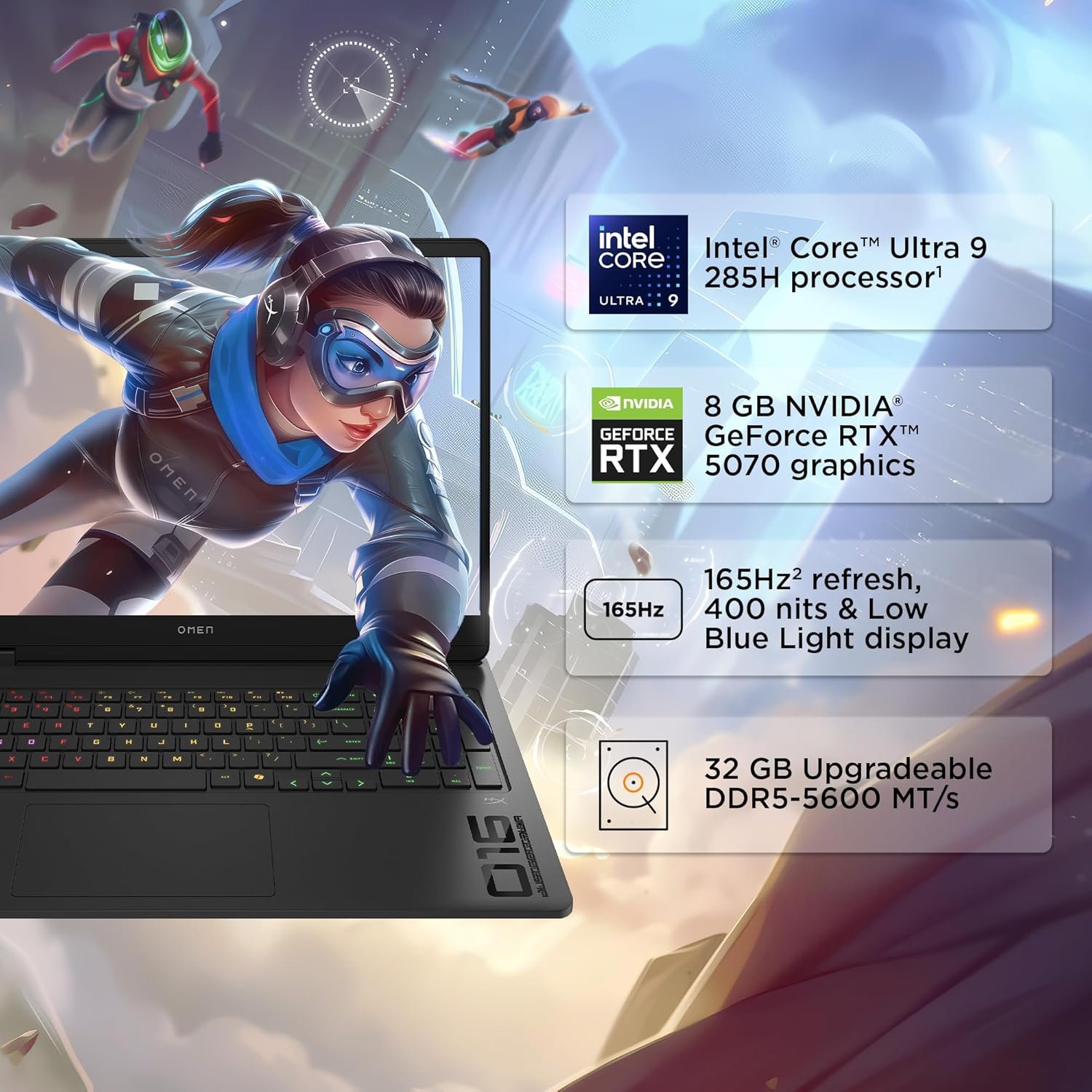 81mhssiku7l. sl1500 HP Omen, Intel Core Ultra 9 285H, 8GB RTX 5070, 32GB DDR5, 1TB SSD, 165Hz, 2k WUXGA, 3ms, 400 nits, 16/40.6cm, Win11, M365* Office24, Black, 2.42kg, an0012TX, Unleashed Mode, RGB, AI Gaming Laptop