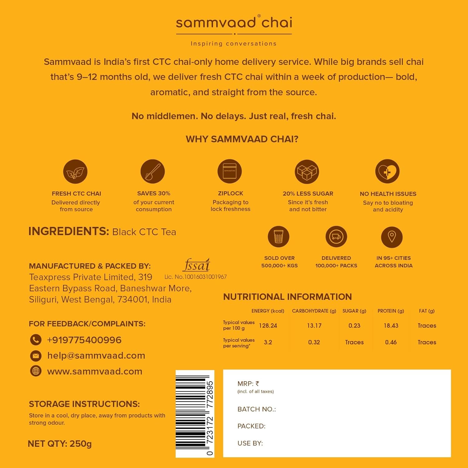 71ay03qn5yl. sl1500 1782665781 4951 Sammvaad Premium Kadak CTC Chai – 250g | Strong & Aromatic Assam Tea | Graded CTC Tea for Rich Flavor | Makes 135 Cups | Freshness Sealed Pack