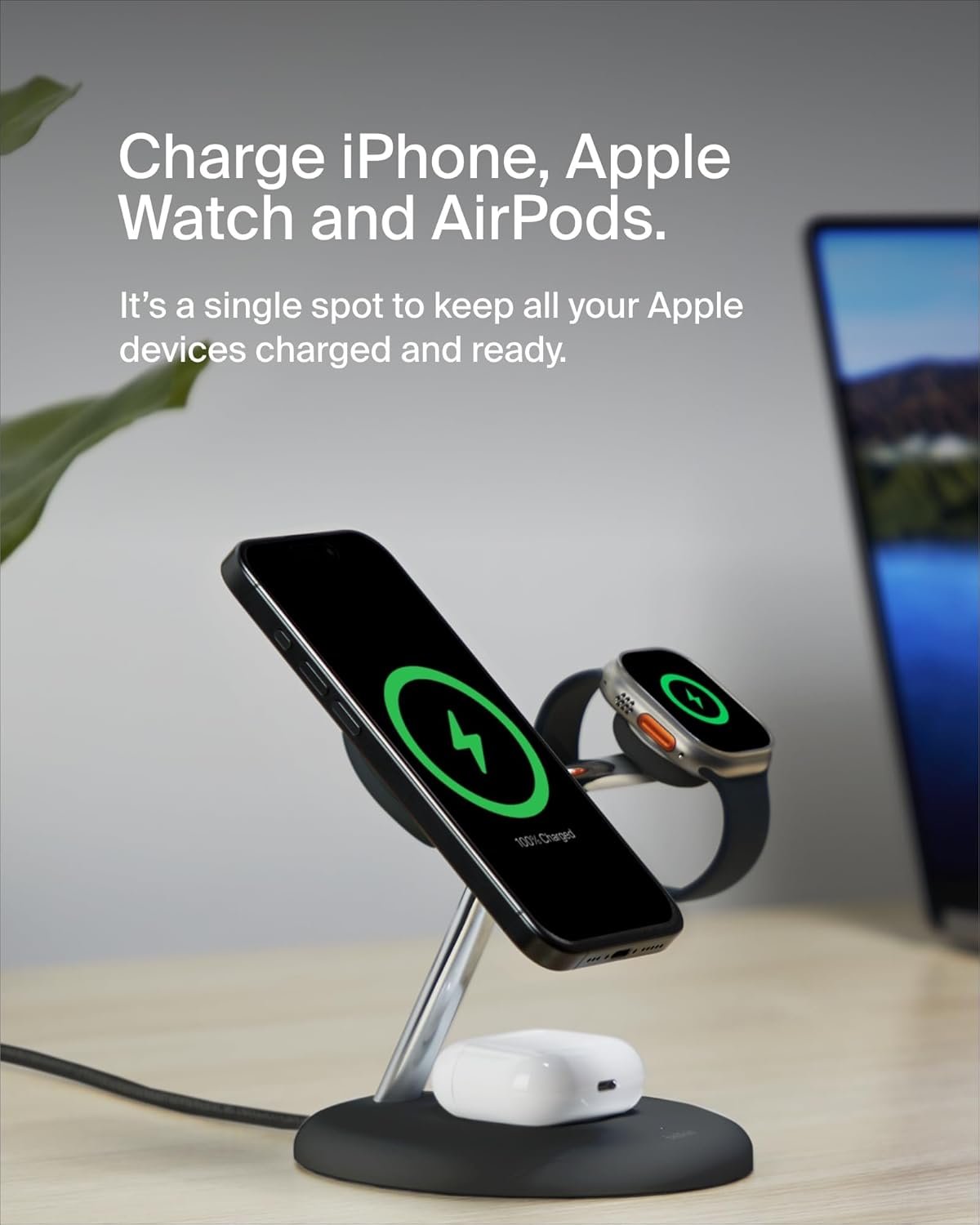 71m1t1gqz1l. sl1500 Belkin MagSafe 3-in-1 Qi2 Wireless Charger Stand 15W | Fast Charging iPhone Charger for iPhone 16, 15, 14 & 13 Series, AirPods, & Apple Watch | 36W Charger Included | Black