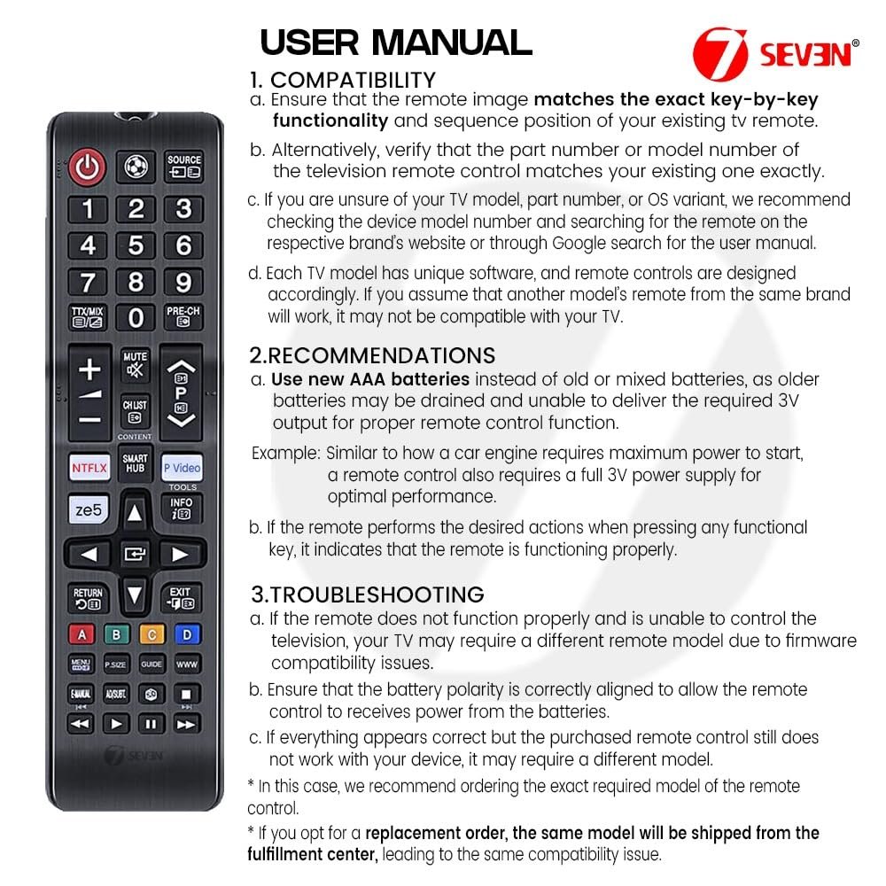 71u3 2r23gl. sl1000 7 SEVEN® Compatible With Samsung Tv Remote Control Universal Suitable For LCD LED OLED QLED UHD HD Plasma 3D Smart Hub Television With Hotkeys – Match Remotes Keys Exactly With Existing Remote, Black