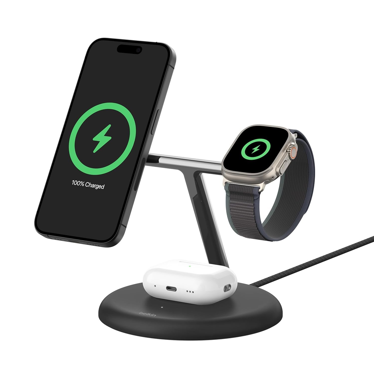Belkin MagSafe 3-in-1 Qi2 Wireless Charger Stand 15W | Fast Charging iPhone Charger for iPhone 16, 15, 14 & 13 Series, AirPods, & Apple Watch | 36W Charger Included | Black Belkin MagSafe 3-in-1 Qi2 Wireless Charger Stand 15W | Fast Charging iPhone Charger for iPhone 16, 15, 14 & 13 Series, AirPods, & Apple Watch | 36W Charger Included | Black
