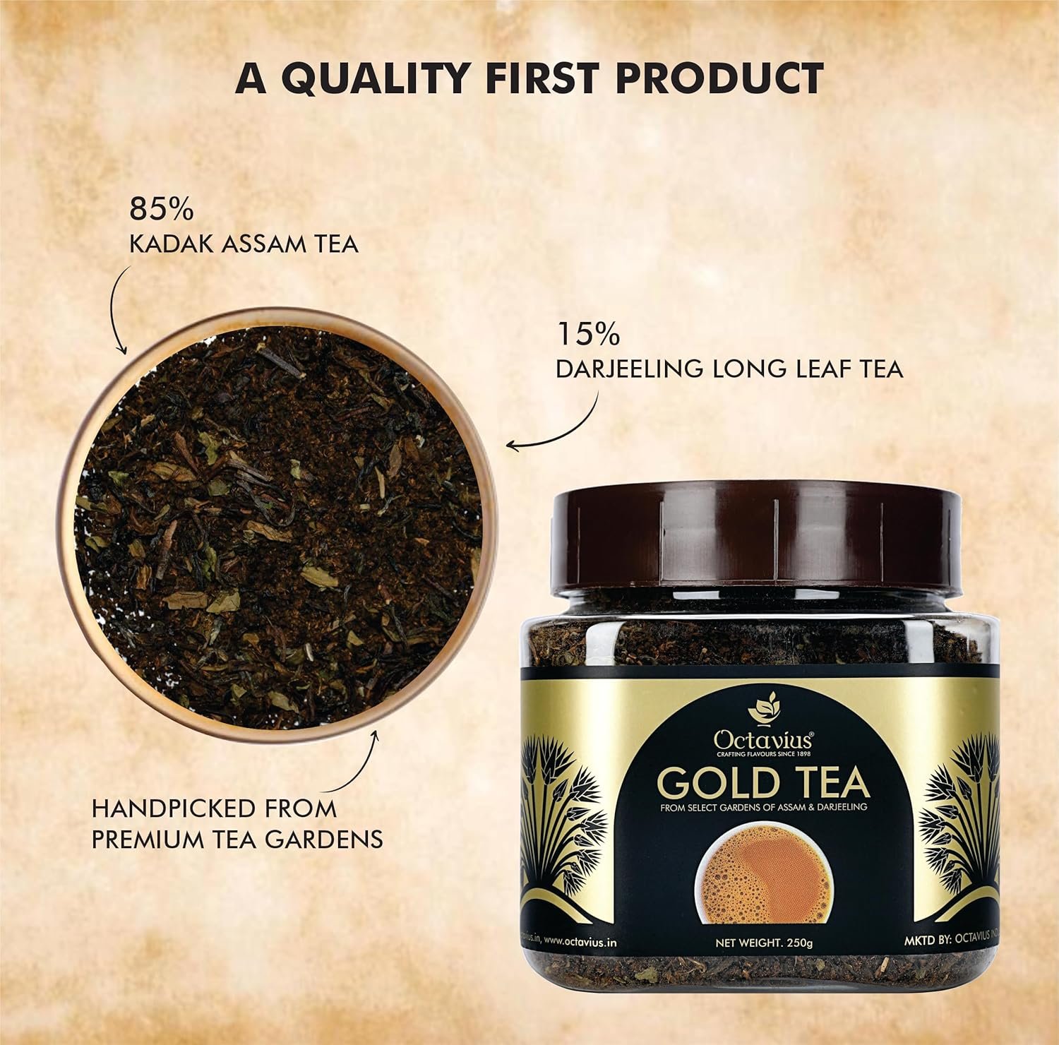 91a u9taril. sl1500 Octavius Gold CTC Tea – 250 Gm Jar | Consists 85% Kadak Assam Black Tea & 15% Aromatic Darjeeling Long Leaf Tea| Perfect Combination Of Strength & Aroma|Blended For Tea Connoisseurs | 250g