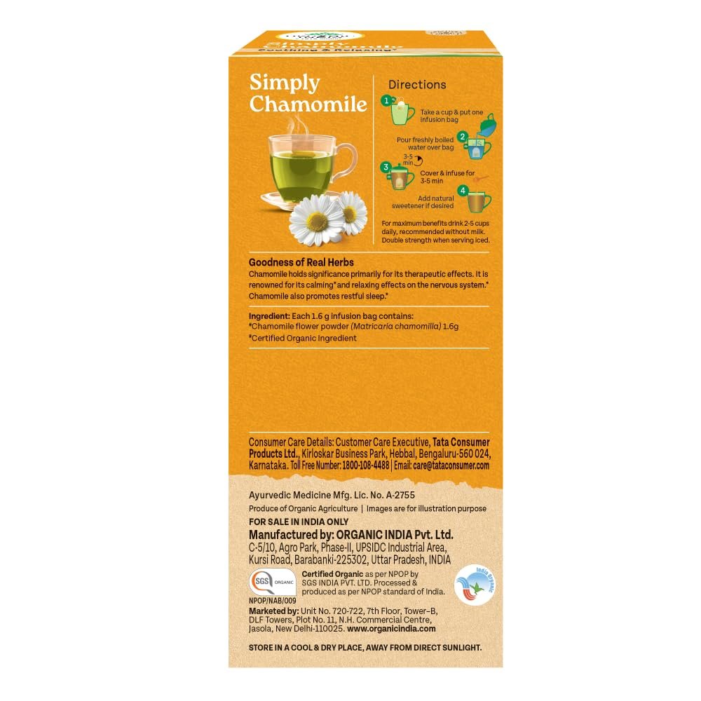 616duxjuyjl. sl1000 A TATA Product – Organic India Simply Chamomile Infusion, 25 Tea Bags, Certified Organic, Soothing & Relaxing, Caffeine-Free, Whole Herb Blend