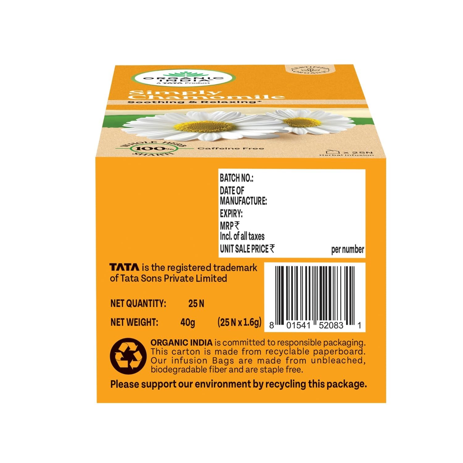 61oucnfvdkl. sl1500 A TATA Product – Organic India Simply Chamomile Infusion, 25 Tea Bags, Certified Organic, Soothing & Relaxing, Caffeine-Free, Whole Herb Blend