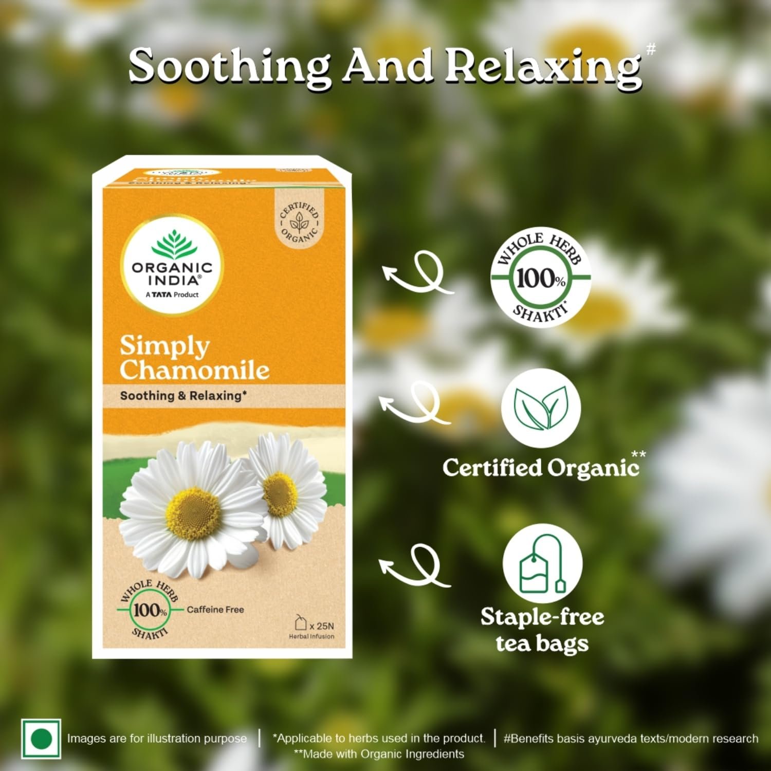 71 e6fj3al. sl1500 A TATA Product – Organic India Simply Chamomile Infusion, 25 Tea Bags, Certified Organic, Soothing & Relaxing, Caffeine-Free, Whole Herb Blend