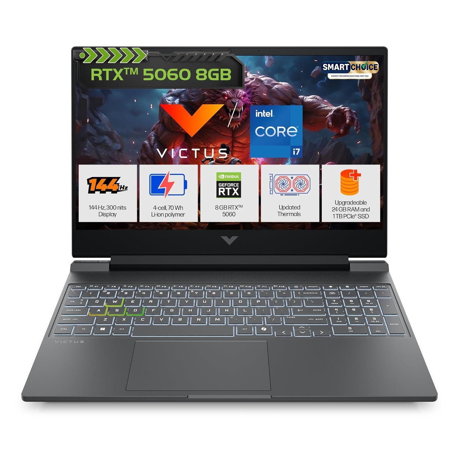 HP Smartchoice Victus, 13th Gen Intel Core i7-13620H, 8GB RTX 5060, 24GB DDR5(Upgradeable) 1TB SSD, 144Hz, FHD, 15.6"/39.6cm, Win11, M365(1yr)*Office 24, Mica Silver,2.29Kg,fa2308TX, RGB Gaming Laptop HP Smartchoice Victus, 13th Gen Intel Core i7-13620H, 8GB RTX 5060, 24GB DDR5(Upgradeable) 1TB SSD, 144Hz, FHD, 15.6"/39.6cm, Win11, M365(1yr)*Office 24, Mica Silver,2.29Kg,fa2308TX, RGB Gaming Laptop