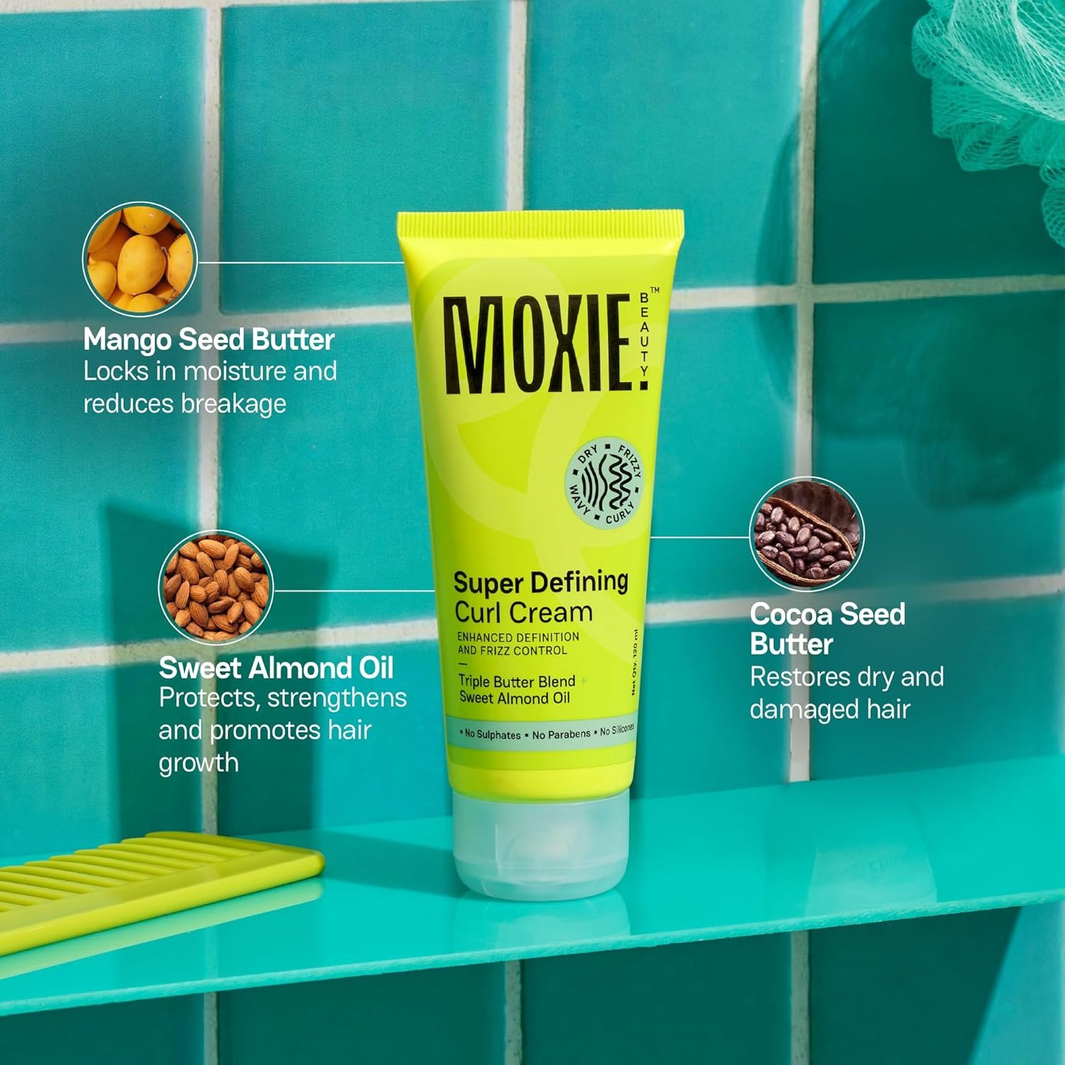 81gsajor69l. sl1500 Moxie Beauty Super Defining Curl Cream for Women & Men | Leave In Curl Cream for Curly, Wavy & Frizzy Hair | 96% Hair Moisture Retained | Hair Cream for Dry Curly Hair | Made With Mango Seed, Cocoa Butter & Almond Oil | 120 ml