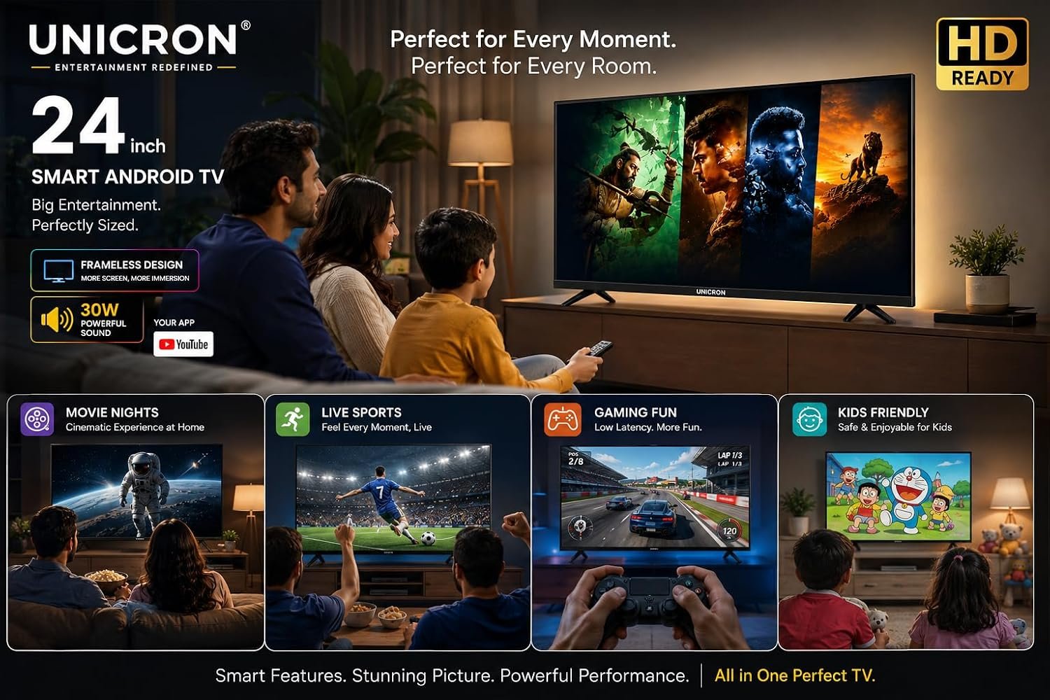71 k6ucn3l. sl1500 UNICRON 24INCH Frameless HD Ready Android Smart LED TV | WiFi Enabled | Built-in Apps Compatible (YouTube, Netflix, Prime Video) | HDMI, USB Connectivity | Stylish Black