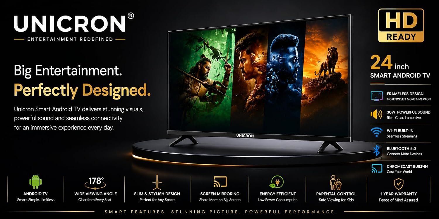 714c6lecd0l. sl1500 UNICRON 24INCH Frameless HD Ready Android Smart LED TV | WiFi Enabled | Built-in Apps Compatible (YouTube, Netflix, Prime Video) | HDMI, USB Connectivity | Stylish Black